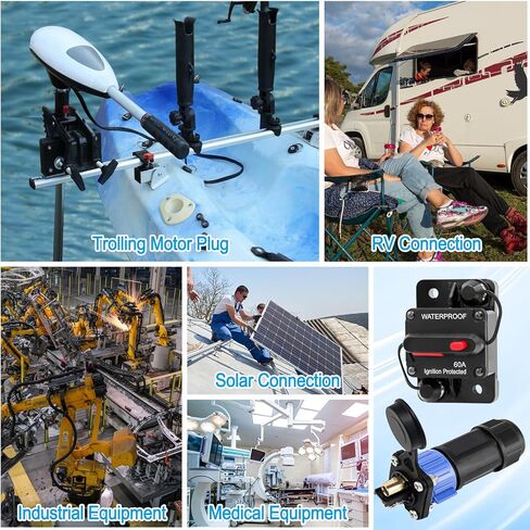 2PCS Trolling Motor Plug Receptacle and Circuit Breaker for Boat Trolling with Manual Reset 12V- 48V DC Waterproof for Down Rigger/Fishing Reel/RV in Kuwait
