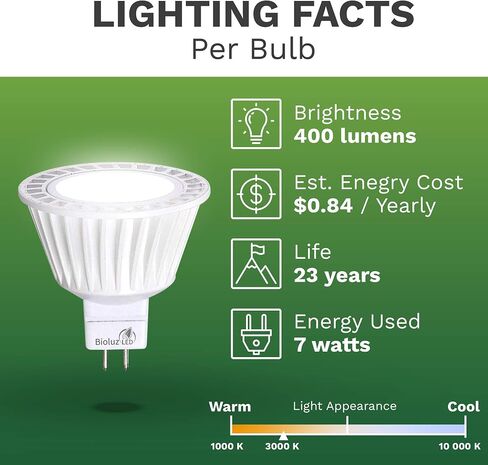 5 عبوات Bioluz LED MR16 50W هالوجين مكافئ عكس الضوء 7W 3000K 12v UL مدرج in Kuwait