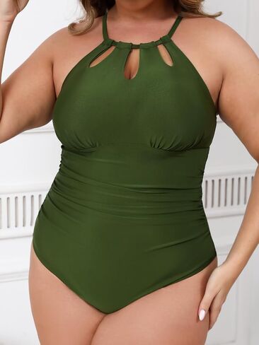 CUPSHE Plus Size One Piece Swimsuit for Women High Neck Cutout Bathing Suit Self Tie Curvy Slimming Swimwear in Kuwait
