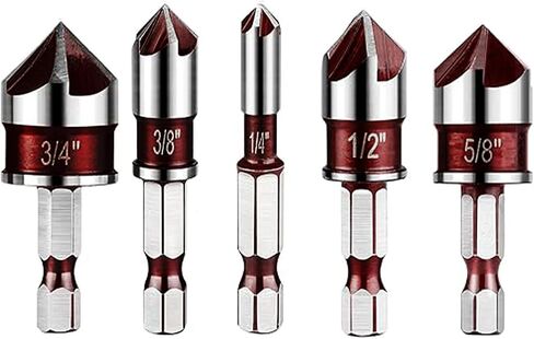 Countersink Drill Bit Set, 5 Pcs Drill bits Industrial Grade M35 High-Speed Steel, 82 Degree, 5 Flute with 1/4" Quick Change Hex Shank, 1/4" to 3/4" Size for Wood Plastic in Saudi Arabia