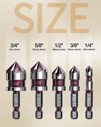 Countersink Drill Bit Set, 5 Pcs Drill bits Industrial Grade M35 High-Speed Steel, 82 Degree, 5 Flute with 1/4" Quick Change Hex Shank, 1/4" to 3/4" Size for Wood Plastic in Saudi Arabia