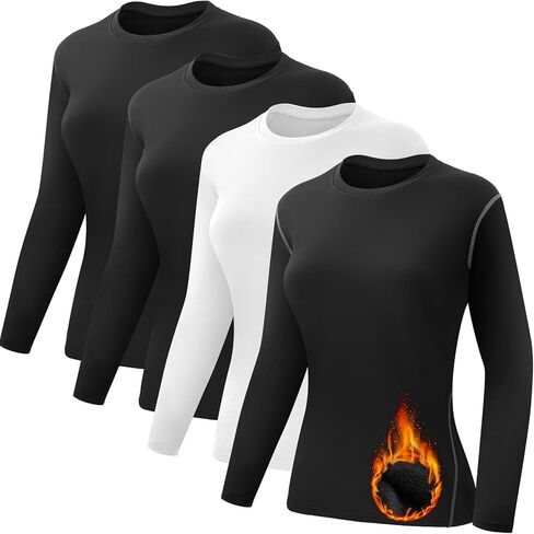 Coume 4 Pack Women's Thermal Shirts Fleece Lined Compression Crew Neck Long Sleeve Base Layer Tops Cold Weather in Saudi Arabia