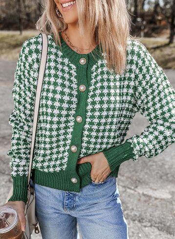Dokotoo Cardigan Sweaters for Women V Neck Button Down Long Sleeve Plaid Knit Cardigans Sweater Tops in Kuwait