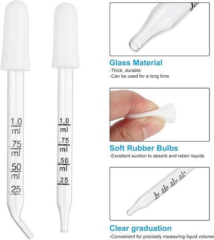 PATIKIL Eye Dropper, 2Pcs 1ml Glass Graduated Bent and Straight Tip Pipette Measured Dropper with Rubber Cap for Essential Oils, Lab Experiments, Clear and White in Saudi Arabia
