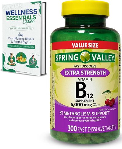 Vitamin B12 | Natural Cherry Flavor, 300 Tablets, Fast Dissolve | B12 Vitamins 5000 mcg | Extra Strength B12 | Metabolism Support, Energy Boost | B12 Vitamins in Saudi Arabia