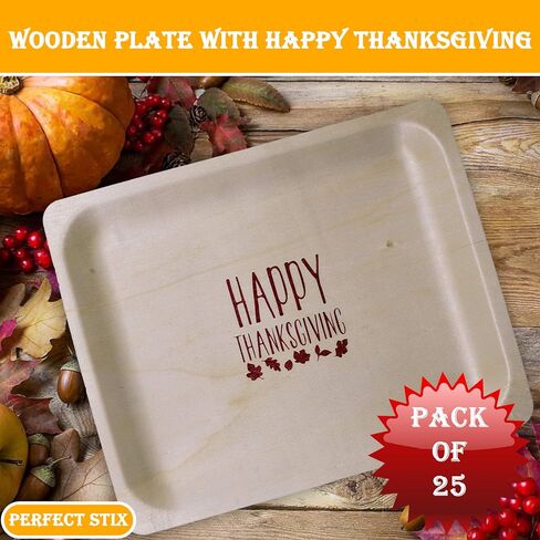 Perfect Stix 10" Disposable Wooden Plate with Happy Thanksgiving Print - Pack of 25ct in Kuwait