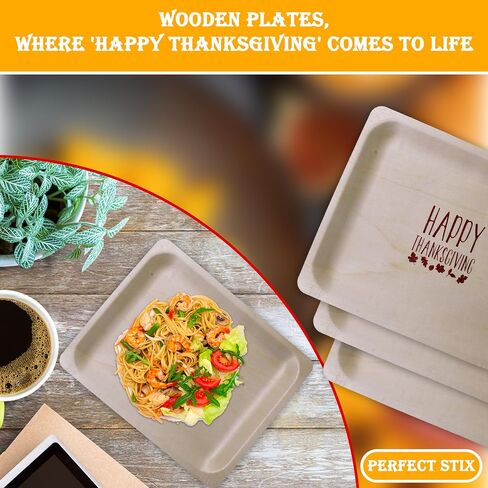 Perfect Stix 10" Disposable Wooden Plate with Happy Thanksgiving Print - Pack of 25ct in Kuwait