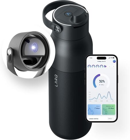 LARQ Bottle PureVis 2 34 oz - UV Water Purifier with Self-Cleaning + App Hydration Tracking, Insulated Stainless Steel Water Bottle | Reusable & Travel Friendly, 1-Year Warranty, Obsidian Black in Kuwait