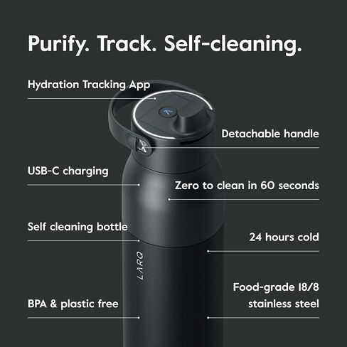 LARQ Bottle PureVis 2 34 oz - UV Water Purifier with Self-Cleaning + App Hydration Tracking, Insulated Stainless Steel Water Bottle | Reusable & Travel Friendly, 1-Year Warranty, Obsidian Black in Kuwait