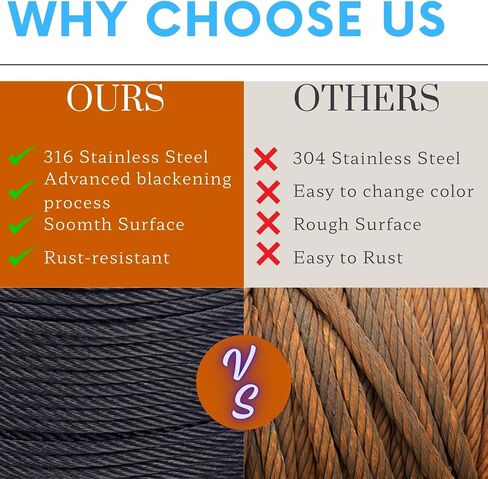 500ft 1/8" Black Wire Rope Cable, T316 Stainless Steel Marine Grade for Cable Railing, Stairs and Fences -Flexible 7 x 7 Strands Construction in Kuwait