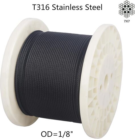 500ft 1/8" Black Wire Rope Cable, T316 Stainless Steel Marine Grade for Cable Railing, Stairs and Fences -Flexible 7 x 7 Strands Construction in Kuwait