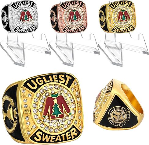3 Sets Ugly Christmas Sweater Championship Trophy Ring Award Medal with Acrylic Display Stand 1st, 2nd, 3rd Place Medal Etched on Side for Ugliest Sweater Party Competition in Saudi Arabia