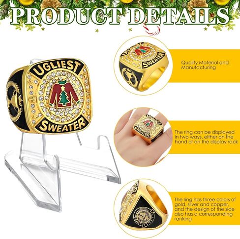 3 Sets Ugly Christmas Sweater Championship Trophy Ring Award Medal with Acrylic Display Stand 1st, 2nd, 3rd Place Medal Etched on Side for Ugliest Sweater Party Competition in Saudi Arabia