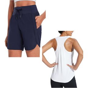 BALEAF Women's 7" Long Running Shorts & Racerback Workout Tank Top Navy&White 2XL