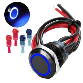 220V/110V/24V/12V 19mm Metal Button Switch with Wiring Harness and LED Indicator Light, Suitable for Emergency scenarios Such as Ships, Cars, Trucks, etc (1, Black Button - Blue Light)