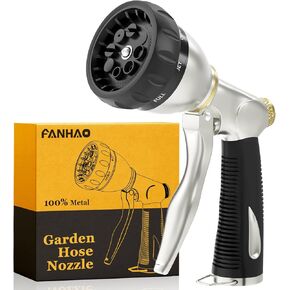 FANHAO Heavy Duty Garden Hose Nozzle, 100% Metal Water Nozzle with 8 Adjustable Spray Patterns, High Pressure Hose Sprayer with Non-Slip Grip for Watering Plants & Lawns, Washing Cars & Pets -Bronze