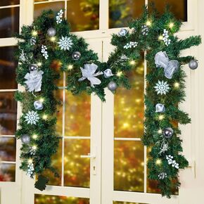MorTime 9 FT LED Christmas Garland with Berries Bows Christmas Balls, Pre-Lit Artificial Garland with 50 Warm White LED Lights for Indoor Outdoor Christmas Decorations