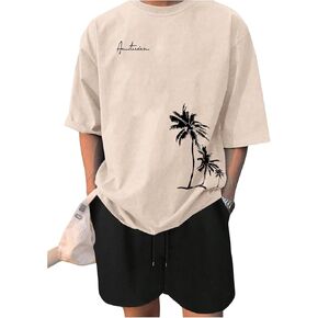 SOLY HUX Men's Short Sets 2 Piece Summer Outfits Letter Tropical Print Short Sleeve Tee and Shorts Set