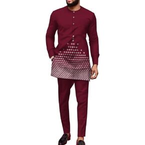 Dashiki for Men African Outfits for Wedding Gold and Sliver Print African Suits Long Sleeve Shirts and Pant Slim Fits