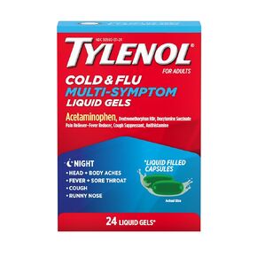 Tylenol Nighttime Cold & Flu Multi-Symptom Liquid Gels, Adult Cold & Flu Relief Medicine, Pain Reliever & Fever Reducer + Cough Suppressant & Antihistamine, 24 ct