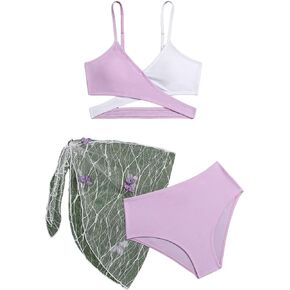 OYOANGLE Girl's 3 Piece Criss Cross Wrap Bikini Swimsuit with Sheer Mesh Beach Skirts Cover Ups
