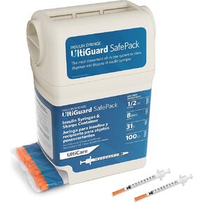 All-In-One UltiGuard Safe Pack U-100 Insulin Syringes and Sharps Container for At-Home Insulin Injections and Safe Needle Disposal; Size: 1/2cc, 31G x 5/16’’ (8mm), 100 Count