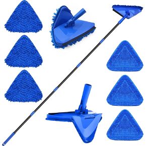 Wall Mop Cleaner Long Handle 80 inches, 180° Folding Ceiling Washer Scrubber and Squeegee, Triangle Baseboard Cleaning Tool Duster with 6 Microfiber Chenille Pads for Painted Walls Window Floor