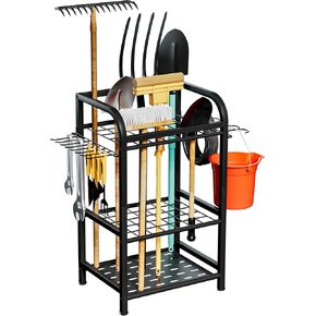 Garden Tool Organizer, Heavy Duty Yard Tool Organizer for Garage Organization Shed Outdoor, Garden Tool Storage Holds Up to 47 Long-Handled Tools, Shovels, Rakes, Brooms, Black Metal Storage Rack