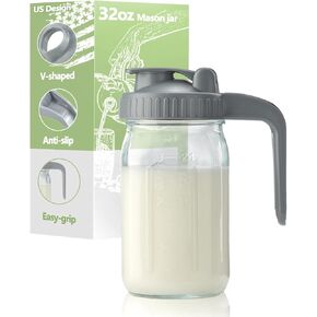 32oz Glass Pitcher with Lid & V-shaped Pour Spout - 1 Quart Breastmilk Pitcher Double Leak Proof, Creamer Container for Sun Tea, Juice, Cold Brew Coffee, Breastmilk Storage Container