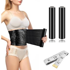 60 Meters Black Osmotic Plastic Body Slimming Wrap with Soft Tape Measure,Sweat Enhancer, Compression Stomach Wrap, Thermal Wrap Reduces Cellulite, Skin-friendly, Breathable(2 Rolls)