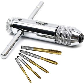 QISF Adjustable Silver T-Handle Ratchet Tap Holder Wrench with 5pcs Titanium Coating M3-M8 3mm-8mm Machine Screw Thread Metric Plug T-shaped Tap