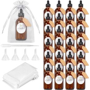 24 Pack 4oz Amber Glass Bottle with Glass Eye Droppers Boston Bottles 30 Orgenza Bags Brown Vanilla Extract Bottles for Essential Oil, Perfume and Liquid, Contains 30 Stickers, 4 Funnels, 1 Eyedropper