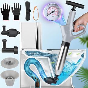 Toilet Plunger Set, Drain Clog Remover Tools High Pressure Air Drain Blaster with Visual Barometer, Stainless Steel Toilet Unclogger Toilet Snake for Bathroom, Sink, Kitchen, Clogged Pipe