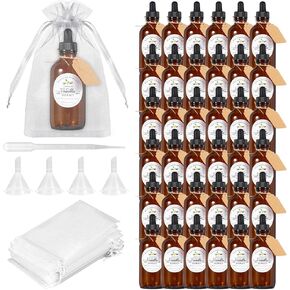 24 Pack 4oz Amber Glass Bottle with Glass Eye Droppers Boston Bottles 30 Orgenza Bags Brown Vanilla Extract Bottles for Essential Oil, Perfume and Liquid, Contains 30 Stickers, 4 Funnels, 1 Eyedropper
