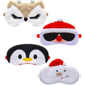 4 Pcs Christmas Eye Mask Christmas Cartoon Animal Blindfold Soft Plush Eye Masks Reindeer Santa Claus Snowman Penguin Eye Cover Eye Shade for Travel Nap Night Sleeping in Saudi Arabia