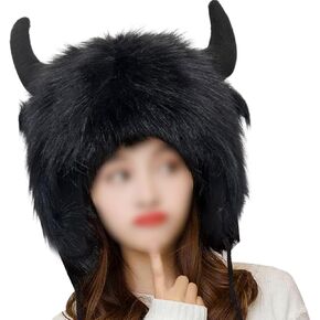 Buffalo Hat with Horns Artificial Fur Cowhorn Hat Plush Fluffy Faux Fur 2-in-1