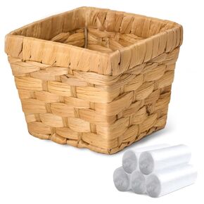 Mini Wicker Trash Can, Handmade Water Hyacinth Countertop Garbage Basket, 0.5Gal/1.5L Small Desktop Waste Bin Compatible for Camping/Vanity/Countertops/Office, 5.7"x5.7"x4.7'' Natural