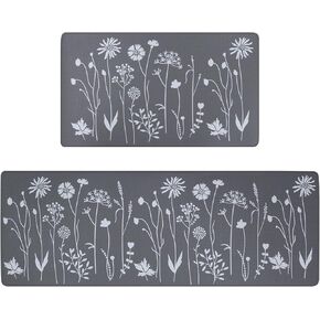 Rempry 2 Pcs Kitchen Rugs and Mats, Cushioned Anti-Fatigue Floor Mat, PVC Non-Slip Waterproof Kitchen Rug Set for Kitchen, Office, Sink 17"x47"+17"x29" (Grey)