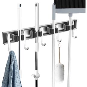 Broom Holder Wall Mount,Broom Holder for Garage Organization, Garden Tool Organizer 4 Racks with 5 Hooks, Broom Rack for Rakes, Shovels with Screws
