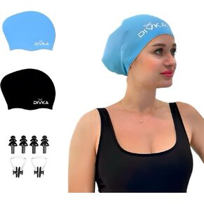 Swim Cap for Women - Adult Waterproof Silicone Swim Cap for Long Hair with Extra Room, Ear Protection, Nose Plugs, and 2 Units in One Pack with Ear Plugs and Nose Clip Set