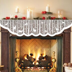 White Christmas Fireplace Mantel Cover – Lace Reindeer Snowflake Mantle Scarf Garland Runner Decor - Xmas Fireplace Decorations for Living Room – Winter Holiday Birch Tree Snow Woodland Mantel Scarf