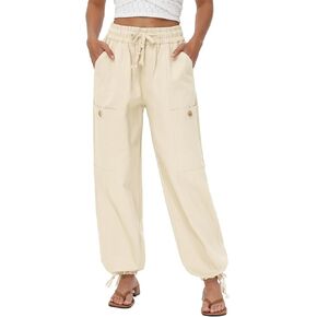 Women's Casual Hiking Cargo Pants Cotton Elastic Waist with 6 Pockets Drawstring Baggy Trousers