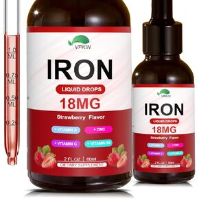 Liquid Iron Supplement for Women & Men,Organic Iron Complex with Folate,Vitamin C,B12 for Faster Absorption & Immune Support,Vegan(Strawberry,2 Fl Oz)