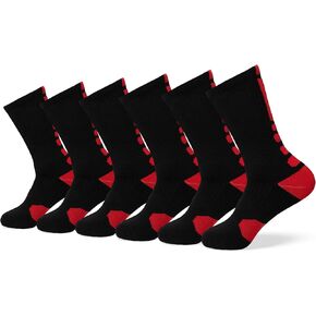 VNG Premium Athletic Crew Socks for Boys and Men Shoe Sizes 6-13, 6 Pairs Mid-Calf, Cushioned Sport Socks for Basketball, Football, Baseball, Running, Hiking in Black with Red Trim
