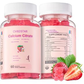 Chewable Calcium Citrate Gummies 1000mg with Vitamin D3 & K2, B6 & B12, Magnesium, Zinc for Bones, Muscles & Joints,Immunity & Memory Support,Sugar-Free, Gluten Free, Vegetarian, Strawberry, 60 Count