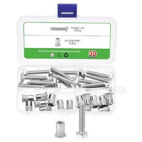 uxcell 30Pcs Rivet Nut Flat Head, 1/4"-20 Knurled Rivet Nut with Hex Head Bolts Insert Nuts