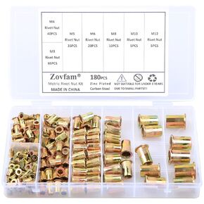 Rivet Nut M3 M4 M5 M6 M8 M10 M12 Threaded Rivet Insert Nut Carbon Steel Flat Head Threaded Rivnuts Insert Nutserts Assortment Kit 180PCS