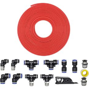 Air Line Tubing Kit, 1/4 Inch (6.35mm) OD x 32.8 Feet Polyurethane PU Tube and Push to Connect Fittings, Air Bag Line, Air Hose Fittings, 15 PCS