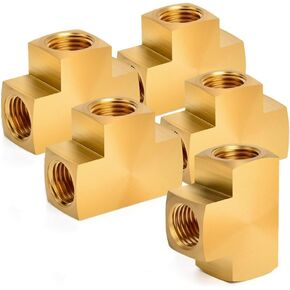 5 Pcs Female T-Connector Brass Pipe Fitting, 3/8" NPT x 3/8" NPT x 3/8" NPT 3 Way Tee Hose Adapter for Air, Fuel, Oil, Water Pipe Connection