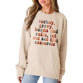 MODNTOGA Women Thanksgiving Sweatshirt Turkey Gravy Beans And Rolls Outfit Thanksgiving Letter Graphic Crewneck Pullover Tops